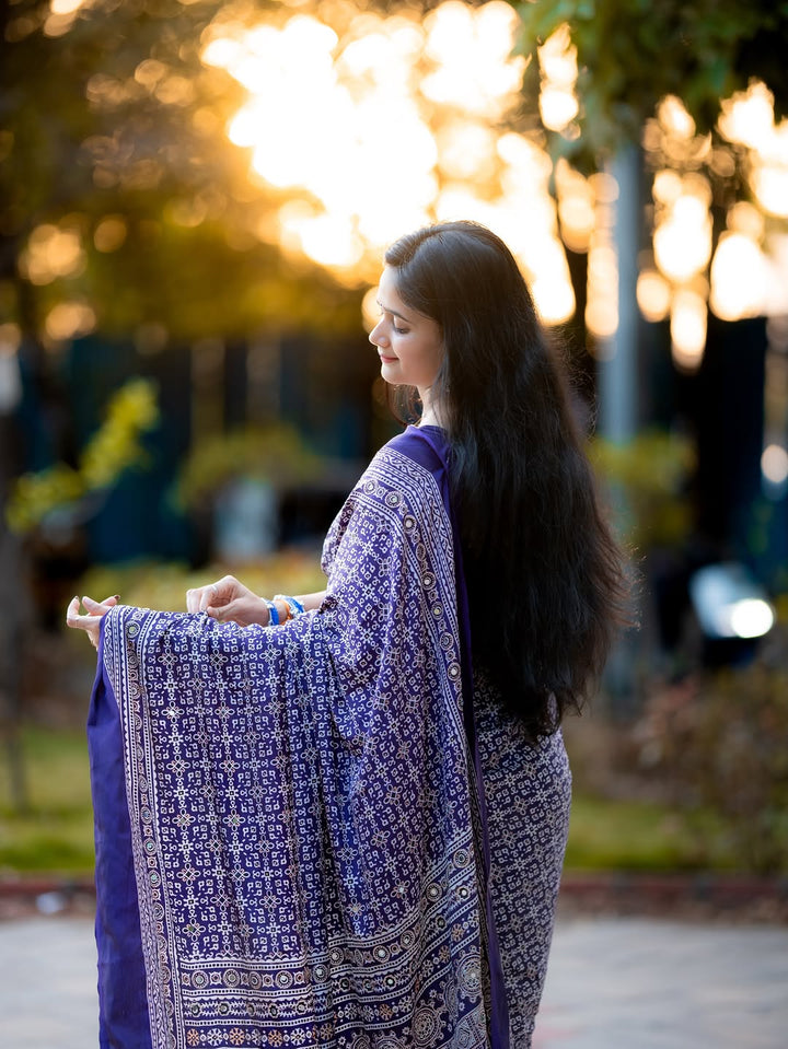 Purple Modal Silk Ajrakh Printed Saree with Designer Pallu & Running Blouse