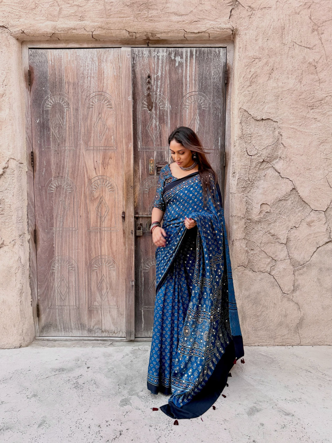 Navy Blue Modal Silk Ajrakh Printed Saree with Designer Pallu & Running Blouse