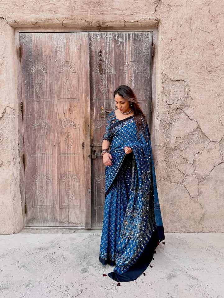 Navy Blue Modal Silk Ajrakh Printed Saree with Designer Pallu & Running Blouse