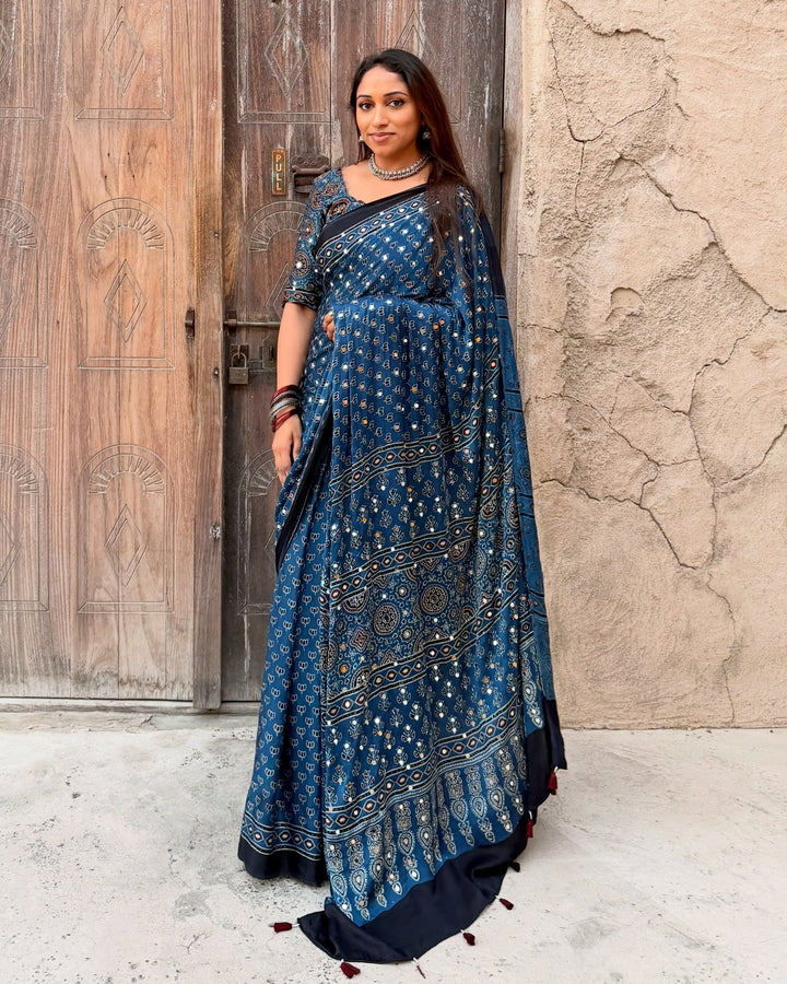 Navy Blue Modal Silk Ajrakh Printed Saree with Designer Pallu & Running Blouse