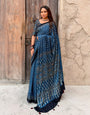 Navy Blue Modal Silk Ajrakh Printed Saree with Designer Pallu & Running Blouse