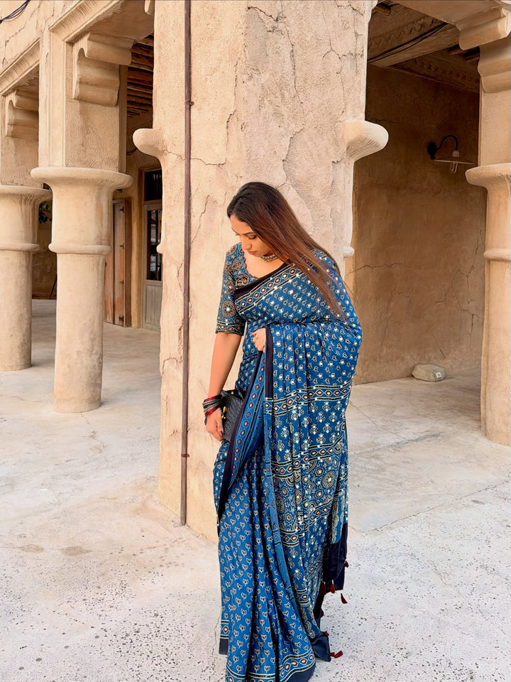 Navy Blue Modal Silk Ajrakh Printed Saree with Designer Pallu & Running Blouse