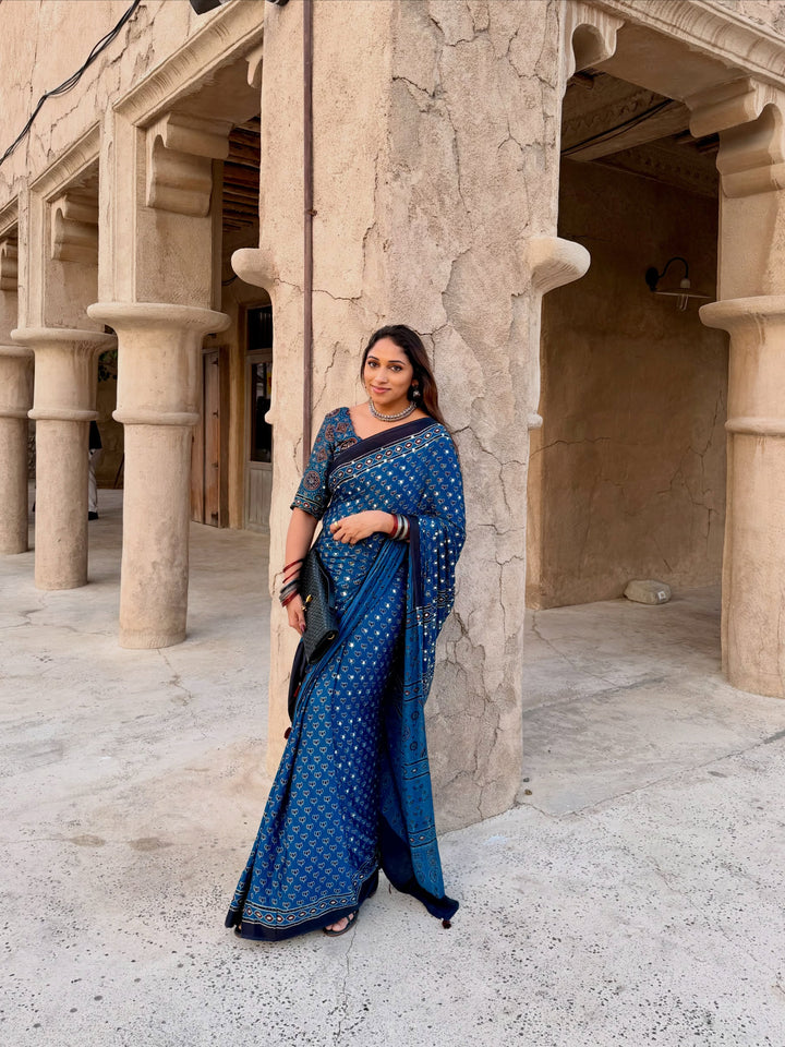 Navy Blue Modal Silk Ajrakh Printed Saree with Designer Pallu & Running Blouse
