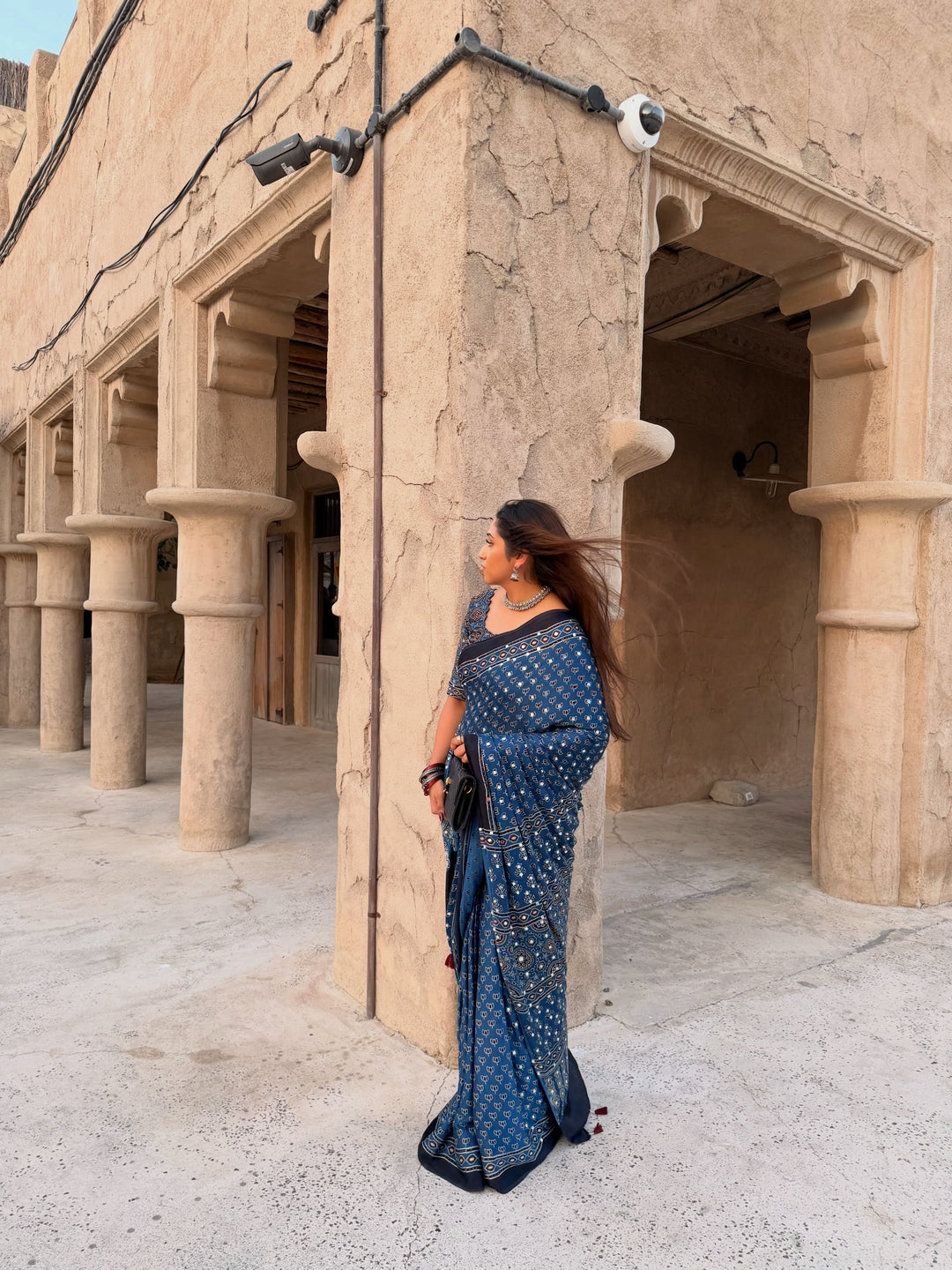 Navy Blue Modal Silk Ajrakh Printed Saree with Designer Pallu & Running Blouse