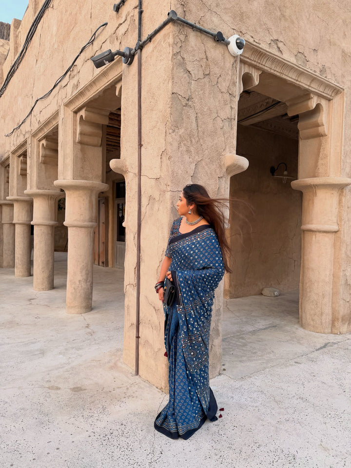 Navy Blue Modal Silk Ajrakh Printed Saree with Designer Pallu & Running Blouse