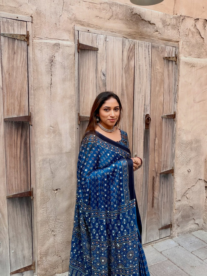 Navy Blue Modal Silk Ajrakh Printed Saree with Designer Pallu & Running Blouse