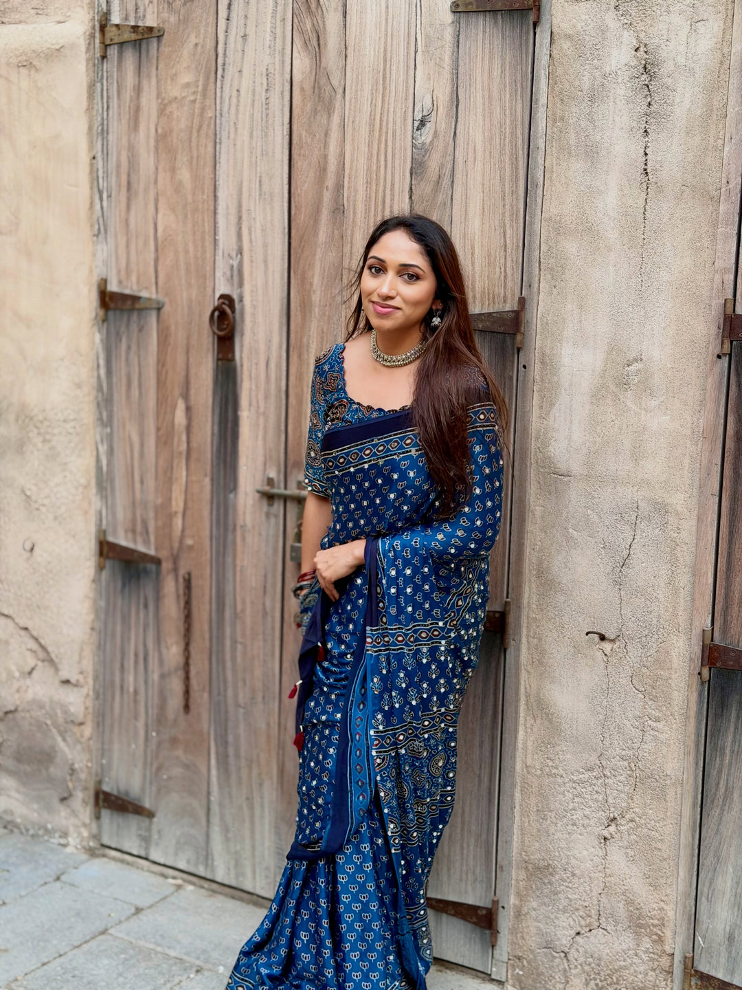Navy Blue Modal Silk Ajrakh Printed Saree with Designer Pallu & Running Blouse