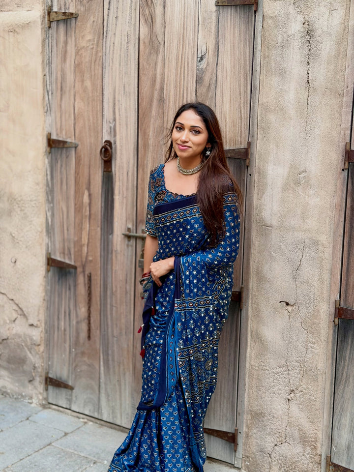 Navy Blue Modal Silk Ajrakh Printed Saree with Designer Pallu & Running Blouse