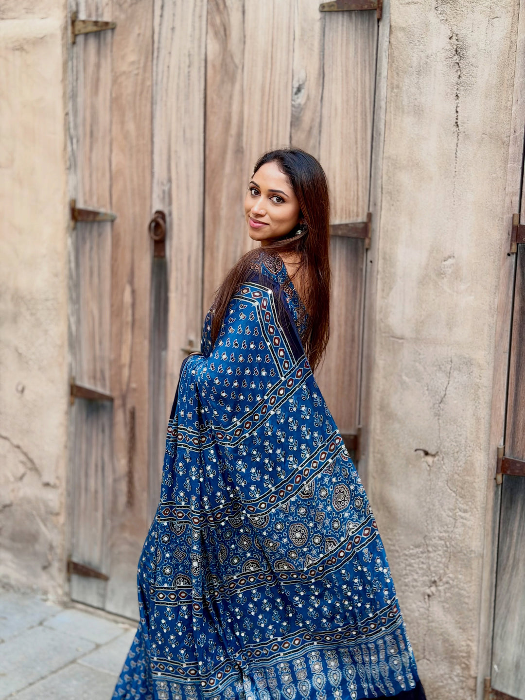 Navy Blue Modal Silk Ajrakh Printed Saree with Designer Pallu & Running Blouse
