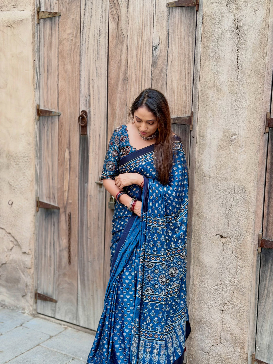 Navy Blue Modal Silk Ajrakh Printed Saree with Designer Pallu & Running Blouse