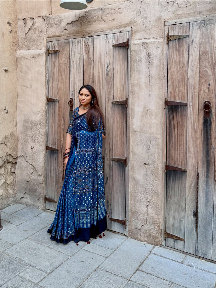 Navy Blue Modal Silk Ajrakh Printed Saree with Designer Pallu & Running Blouse
