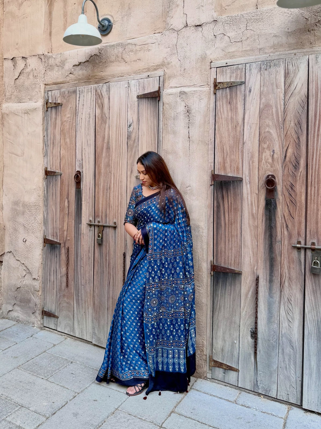 Navy Blue Modal Silk Ajrakh Printed Saree with Designer Pallu & Running Blouse
