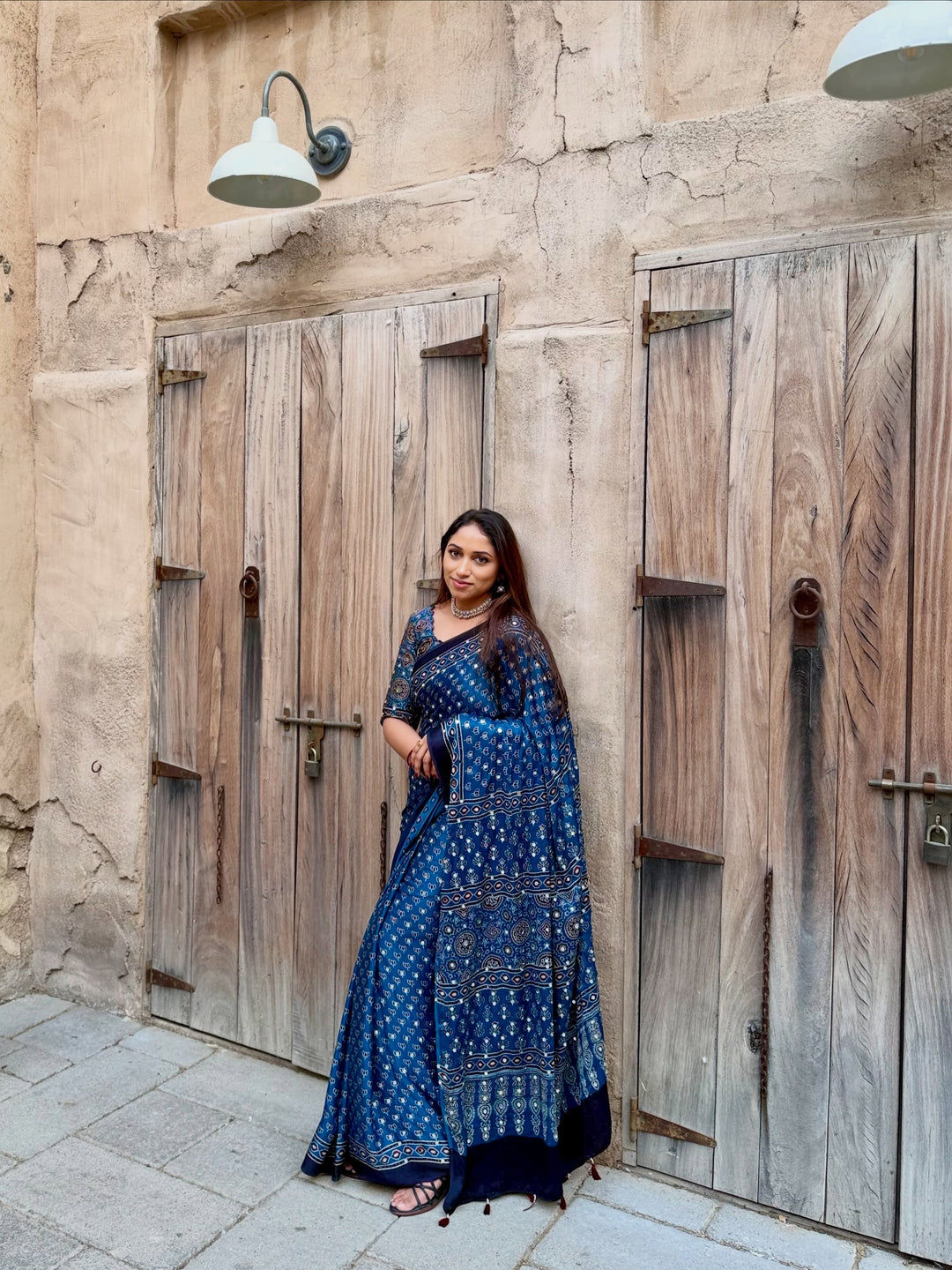 Navy Blue Modal Silk Ajrakh Printed Saree with Designer Pallu & Running Blouse