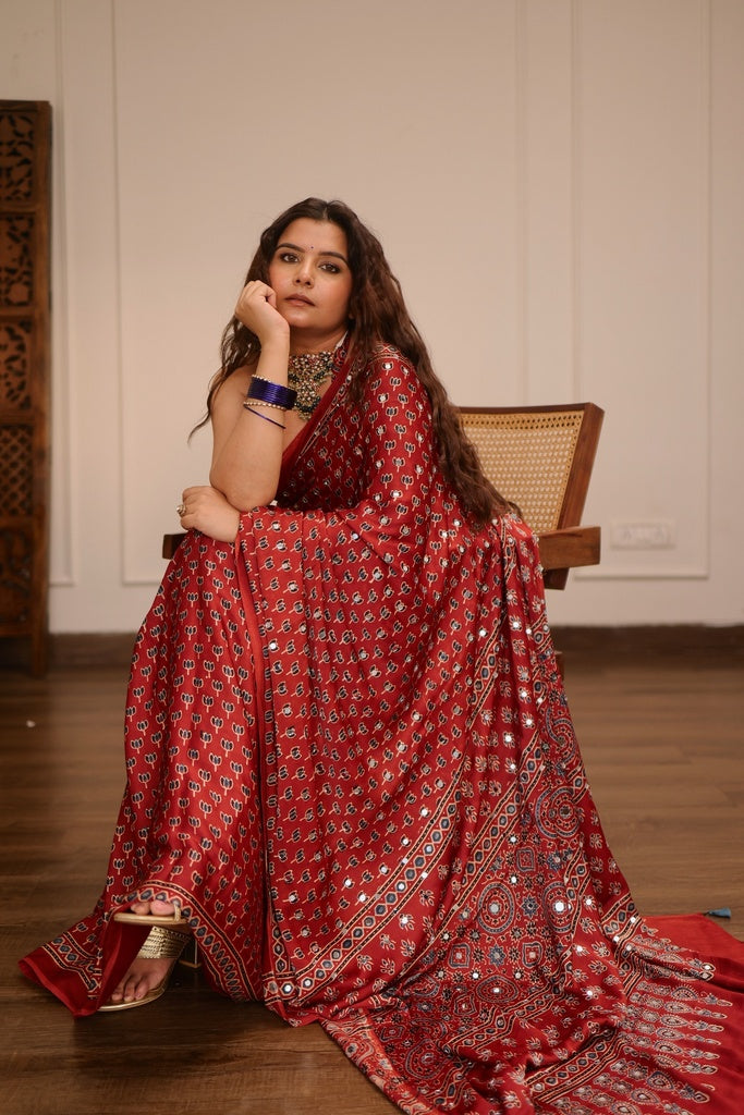 Brick Red Modal Silk Ajrakh Printed Saree with Designer Pallu & Running Blouse