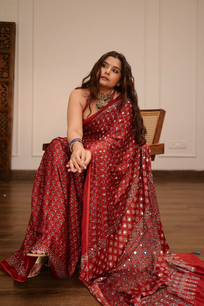 Brick Red Modal Silk Ajrakh Printed Saree with Designer Pallu & Running Blouse