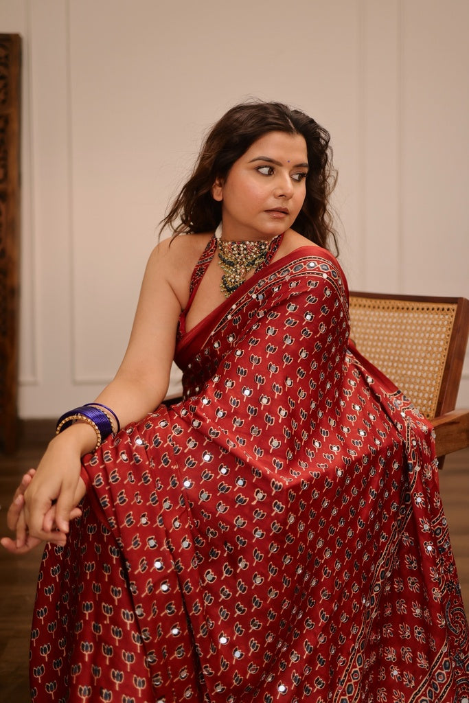 Brick Red Modal Silk Ajrakh Printed Saree with Designer Pallu & Running Blouse