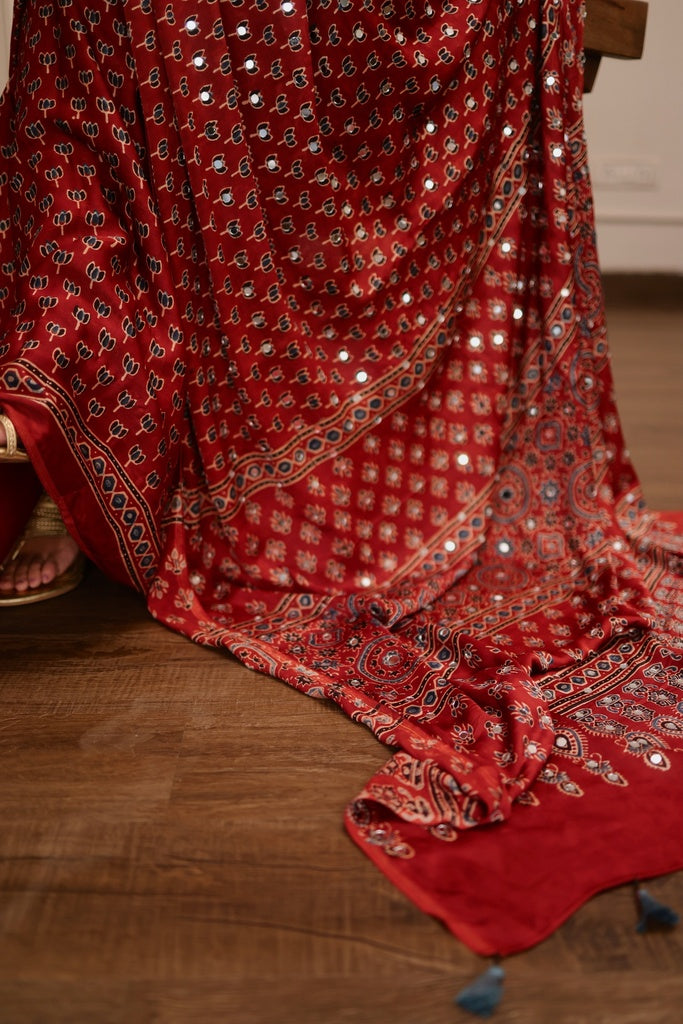Brick Red Modal Silk Ajrakh Printed Saree with Designer Pallu & Running Blouse