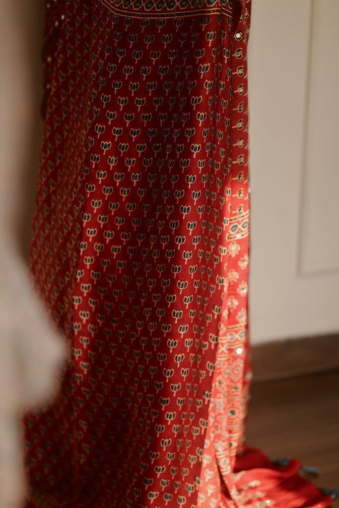Brick Red Modal Silk Ajrakh Printed Saree with Designer Pallu & Running Blouse