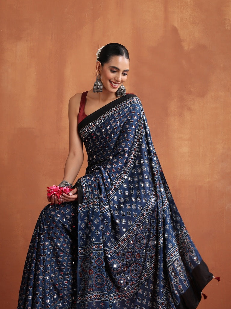 Navy Blue Modal Silk Ajrakh Printed Saree with Designer Pallu & Running Blouse