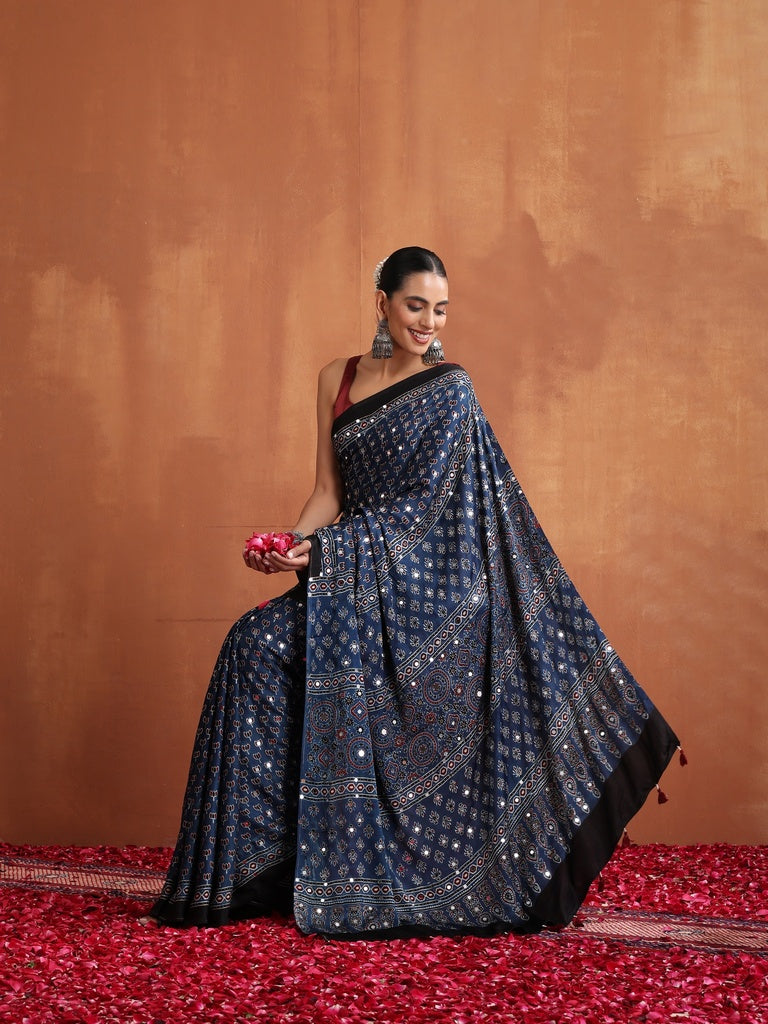 Navy Blue Modal Silk Ajrakh Printed Saree with Designer Pallu & Running Blouse