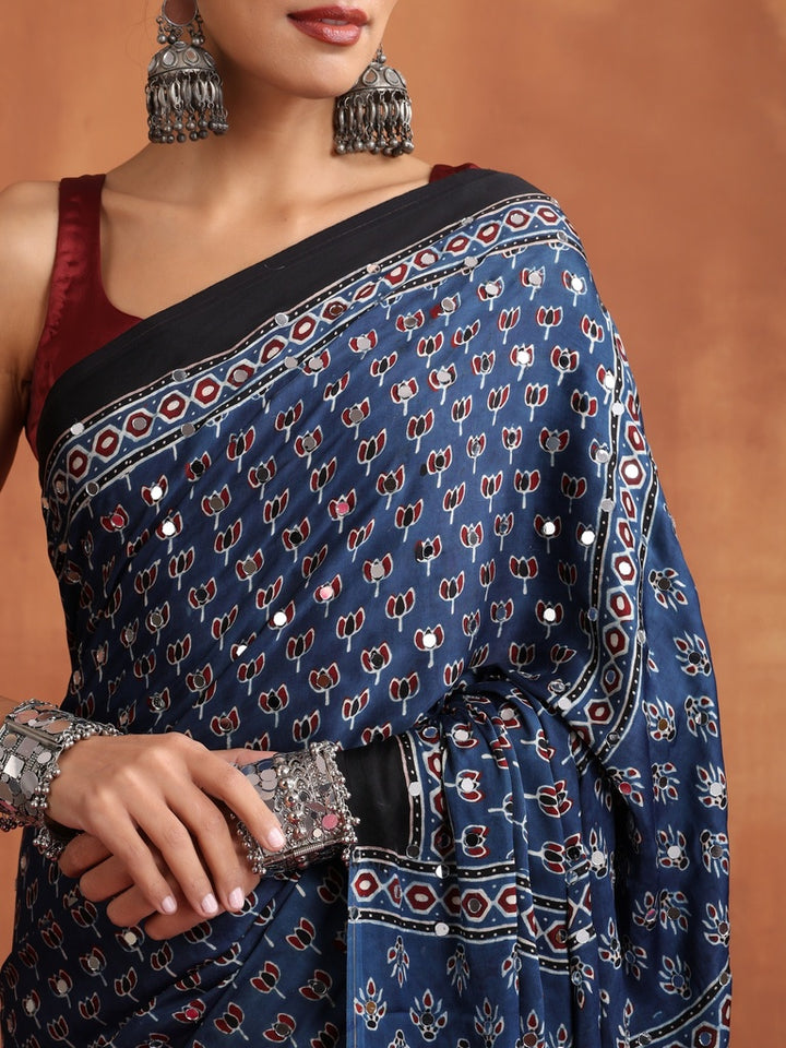 Navy Blue Modal Silk Ajrakh Printed Saree with Designer Pallu & Running Blouse