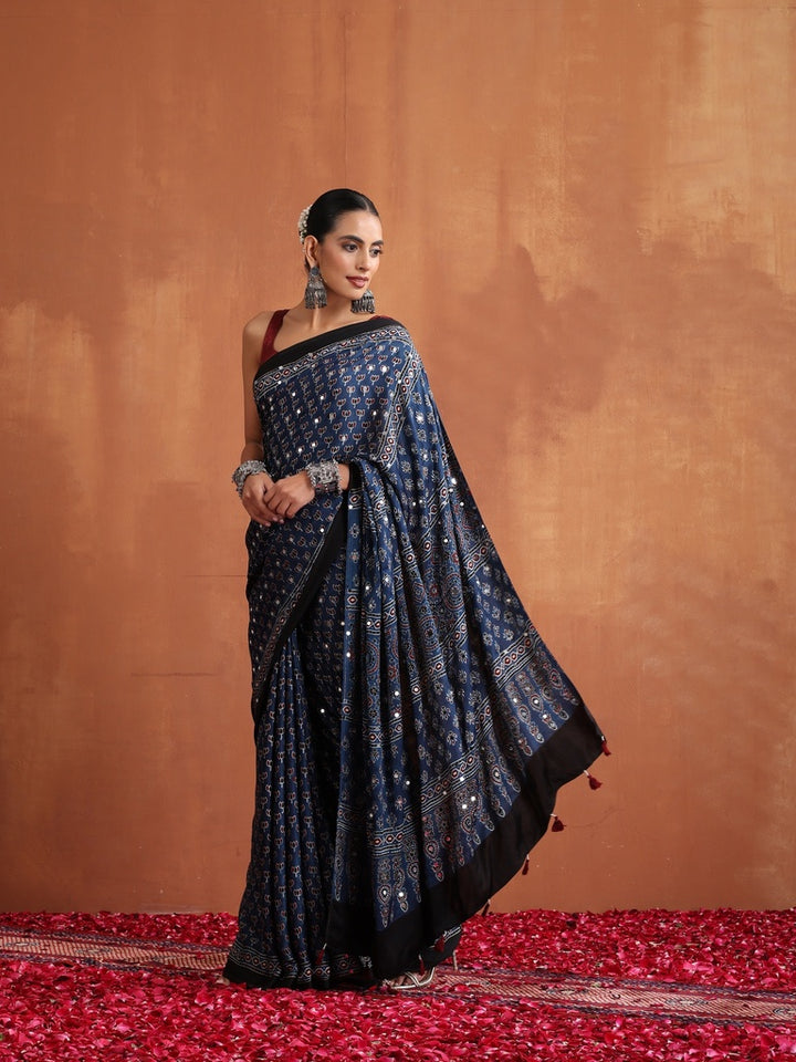 Navy Blue Modal Silk Ajrakh Printed Saree with Designer Pallu & Running Blouse