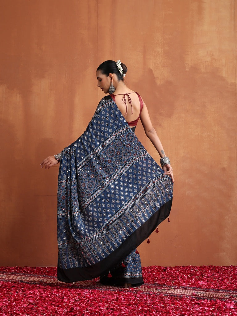 Navy Blue Modal Silk Ajrakh Printed Saree with Designer Pallu & Running Blouse