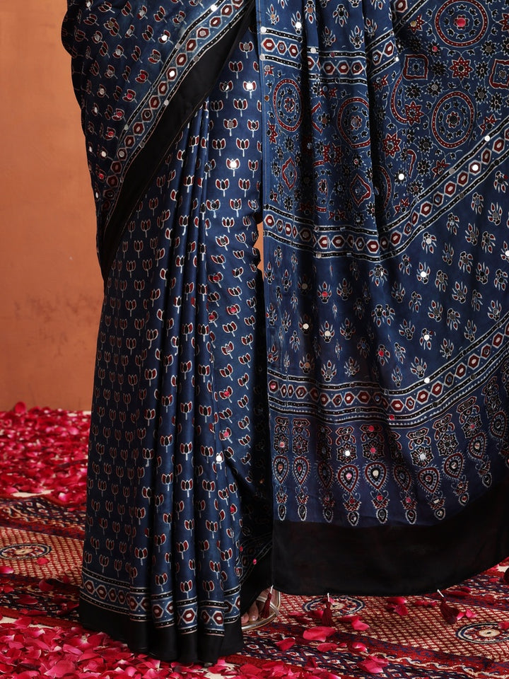 Navy Blue Modal Silk Ajrakh Printed Saree with Designer Pallu & Running Blouse
