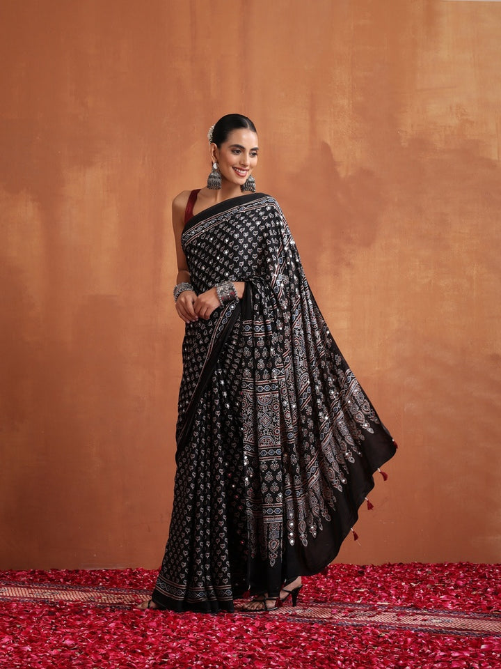 Black Modal Silk Ajrakh Printed Saree with Designer Pallu & Running Blouse