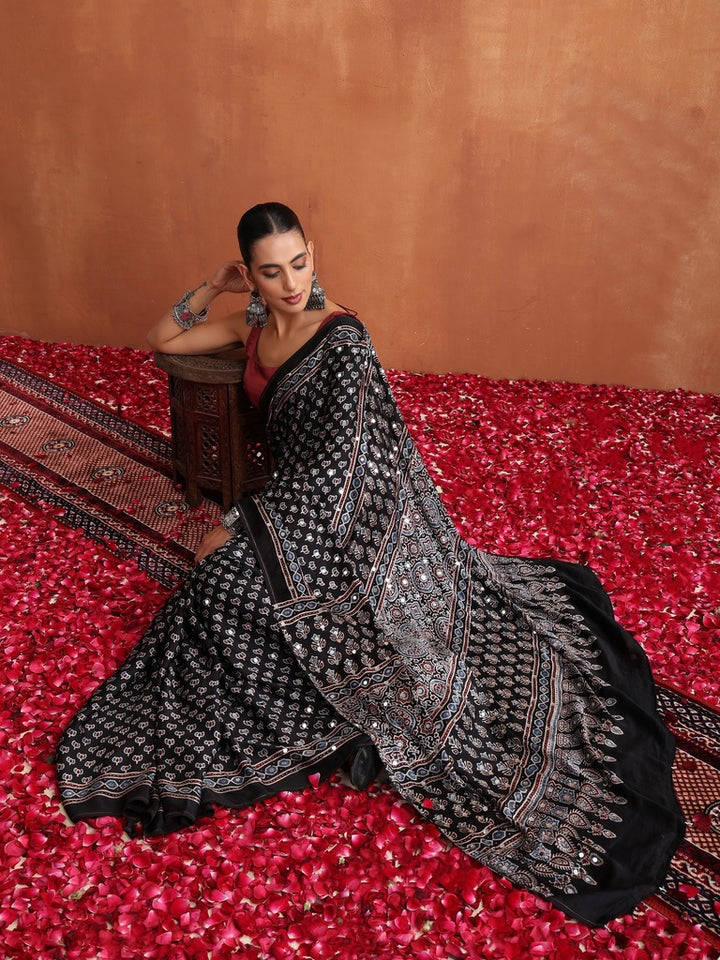 Black Modal Silk Ajrakh Printed Saree with Designer Pallu & Running Blouse