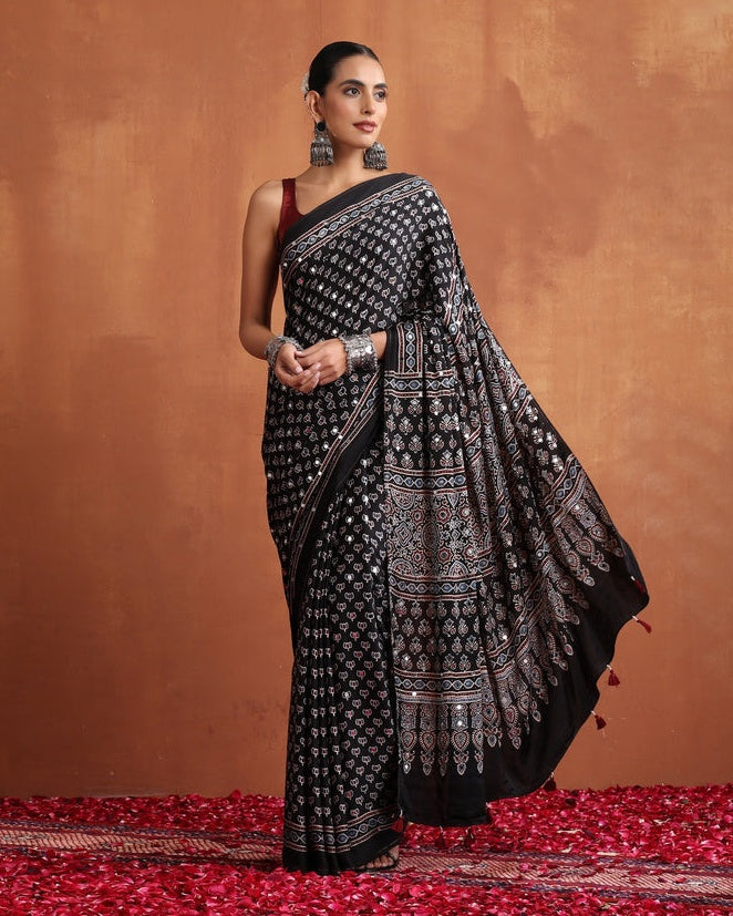 Black Modal Silk Ajrakh Printed Saree with Designer Pallu & Running Blouse