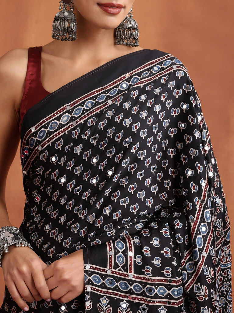 Black Modal Silk Ajrakh Printed Saree with Designer Pallu & Running Blouse