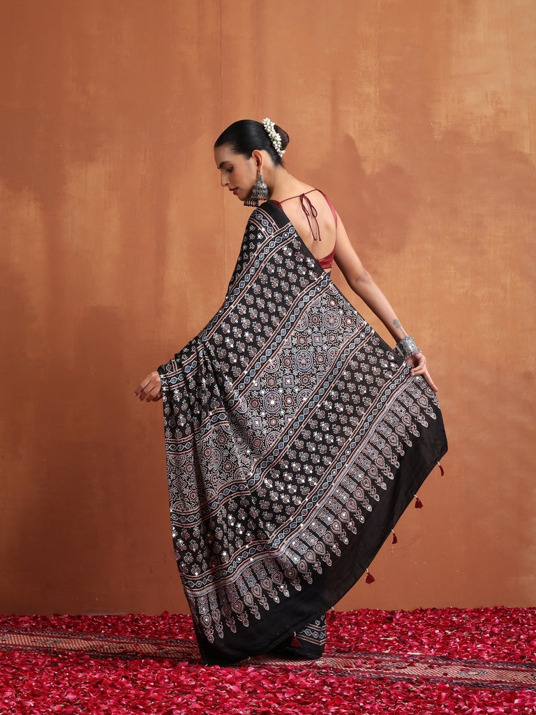 Black Modal Silk Ajrakh Printed Saree with Designer Pallu & Running Blouse