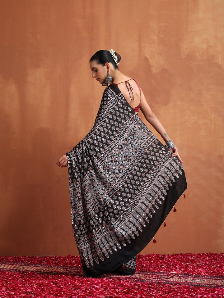 Black Modal Silk Ajrakh Printed Saree with Designer Pallu & Running Blouse