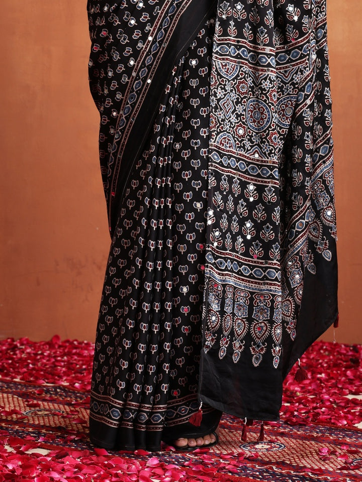 Black Modal Silk Ajrakh Printed Saree with Designer Pallu & Running Blouse
