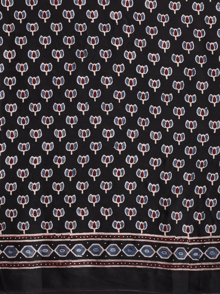 Black Modal Silk Ajrakh Printed Saree with Designer Pallu & Running Blouse