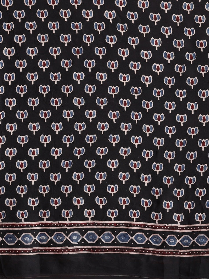 Black Modal Silk Ajrakh Printed Saree with Designer Pallu & Running Blouse