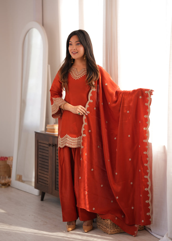 Rust Orange Glass Roman Silk Embroidered Kurta Set with Farshi Shalwar & Designer Dupatta