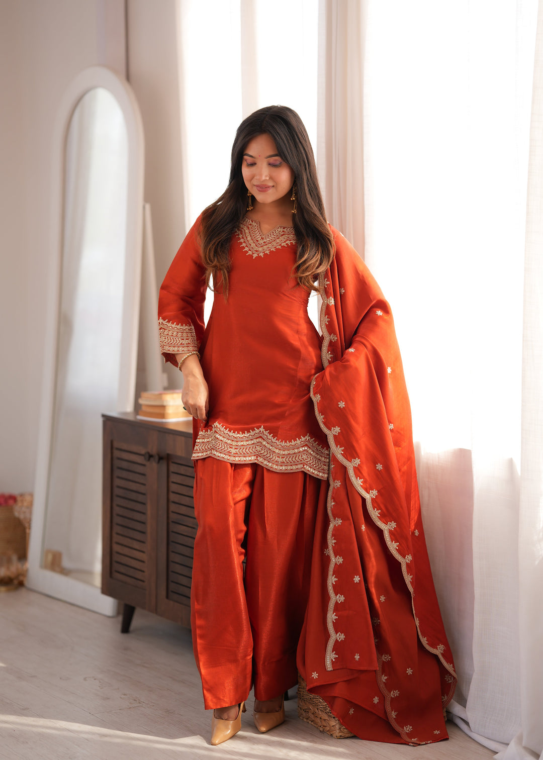 Rust Orange Glass Roman Silk Embroidered Kurta Set with Farshi Shalwar & Designer Dupatta