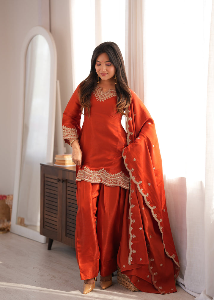 Rust Orange Glass Roman Silk Embroidered Kurta Set with Farshi Shalwar & Designer Dupatta