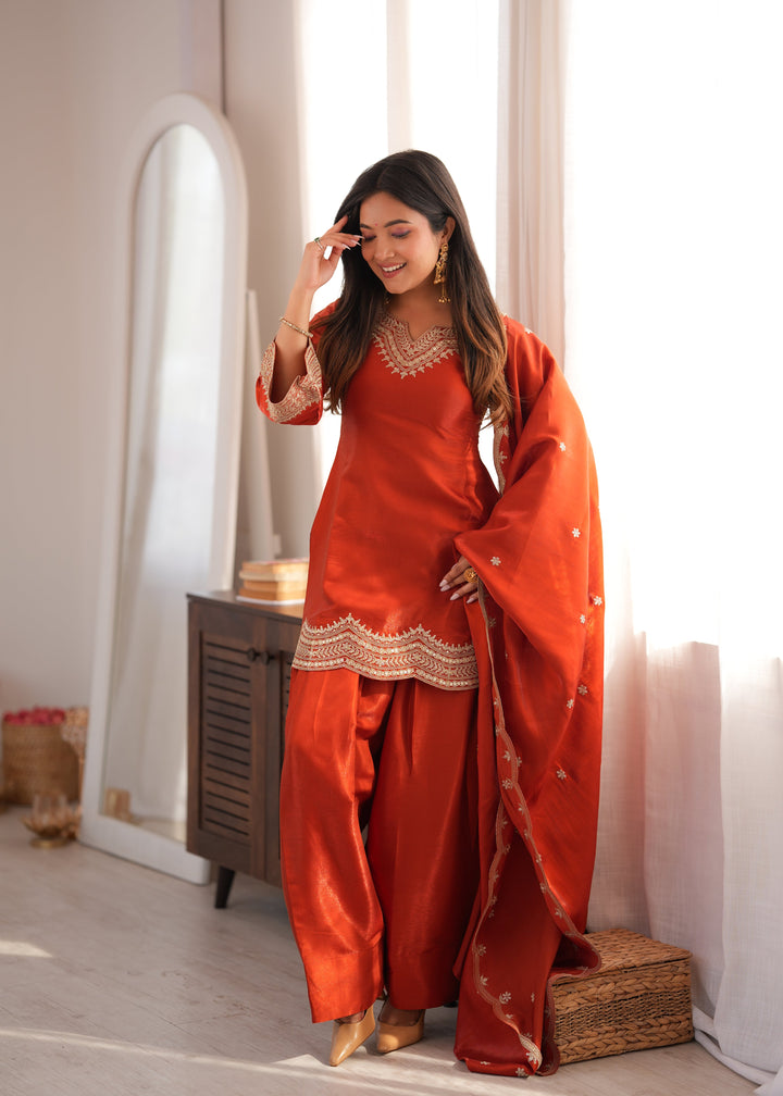 Rust Orange Glass Roman Silk Embroidered Kurta Set with Farshi Shalwar & Designer Dupatta