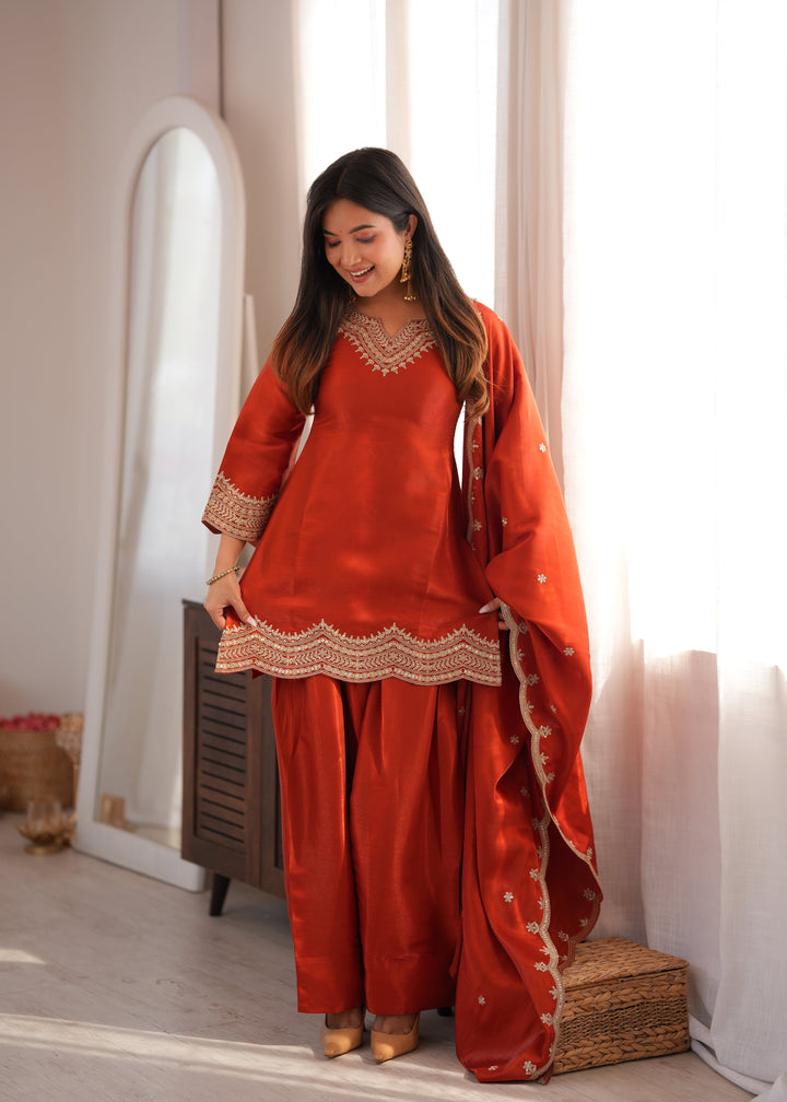 Rust Orange Glass Roman Silk Embroidered Kurta Set with Farshi Shalwar & Designer Dupatta