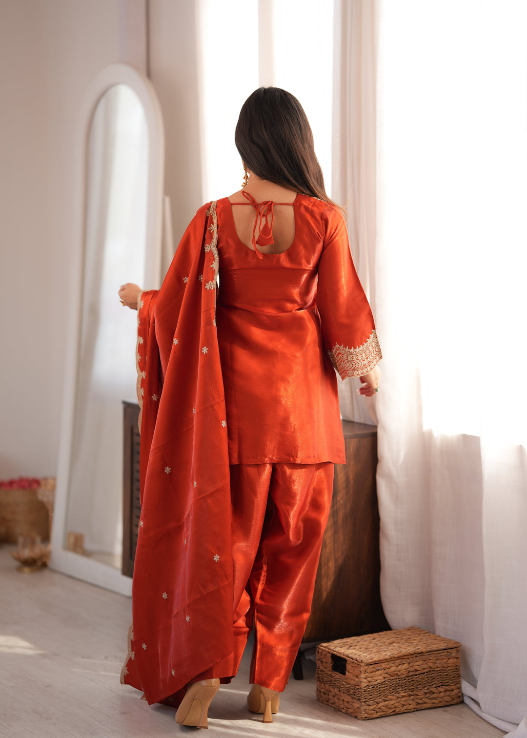 Rust Orange Glass Roman Silk Embroidered Kurta Set with Farshi Shalwar & Designer Dupatta