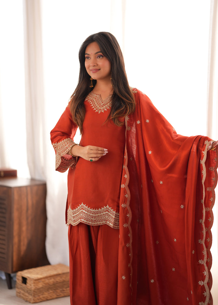 Rust Orange Glass Roman Silk Embroidered Kurta Set with Farshi Shalwar & Designer Dupatta