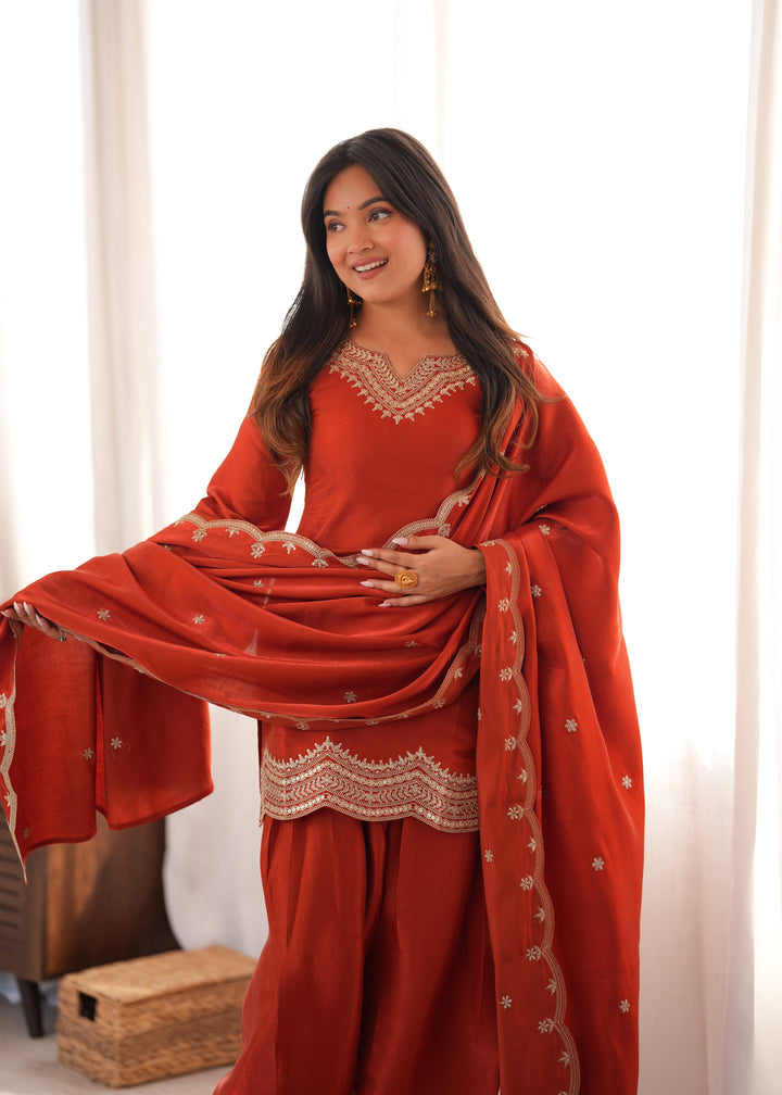 Rust Orange Glass Roman Silk Embroidered Kurta Set with Farshi Shalwar & Designer Dupatta