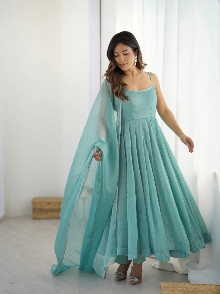 Aqua Blue Crunchy Silk Flared Anarkali Suit Set with Swarovski Work & Designer Dupatta