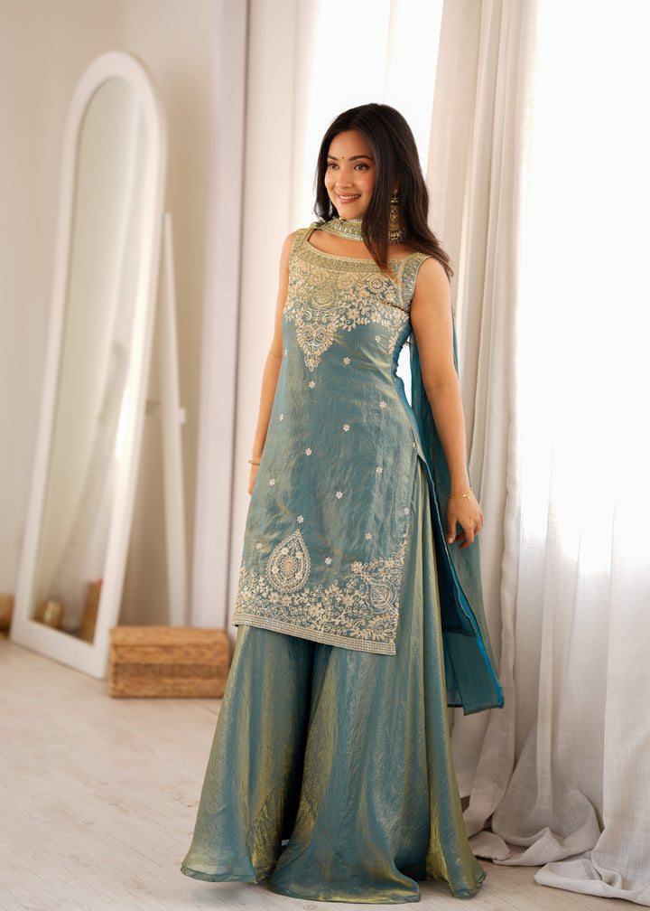 Dusty Teal Pure Soft Fendy Silk Embroidered Kurta Sharara Set with Designer Dupatta