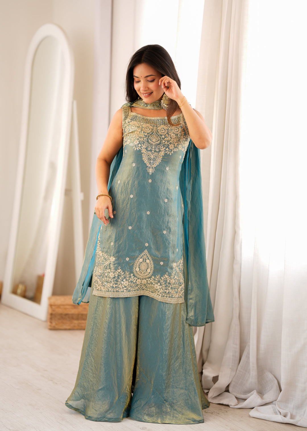 Dusty Teal Pure Soft Fendy Silk Embroidered Kurta Sharara Set with Designer Dupatta