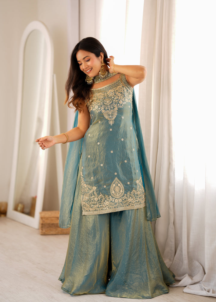 Dusty Teal Pure Soft Fendy Silk Embroidered Kurta Sharara Set with Designer Dupatta