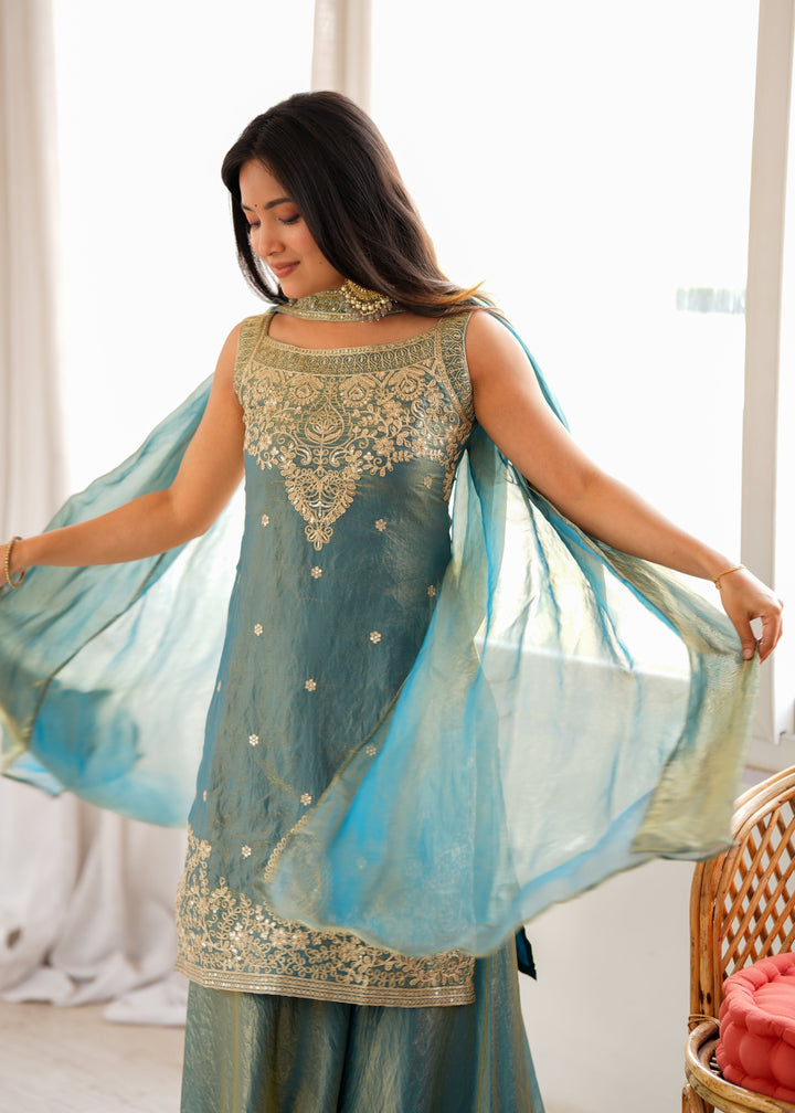 Dusty Teal Pure Soft Fendy Silk Embroidered Kurta Sharara Set with Designer Dupatta